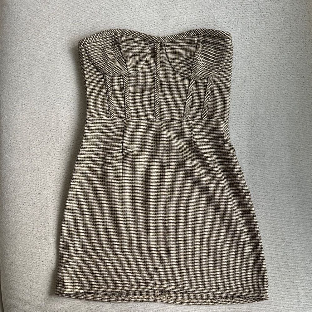 Pull&Bear Strapless Checkered Dress - Brown